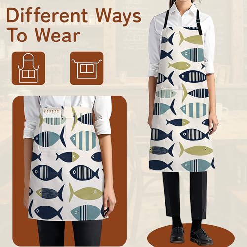 Apron with Pockets for Women, Adjustable Kitchen Cooking BBQ Chef Apron, Gifts for Mom Birthday, or Holidays - color: Cute Fish Boho