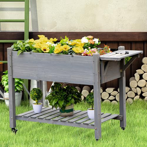 Outsunny Wooden Raised Garden Bed with 8 Grow Grids 49"x21"x34", Gray - color: Gray