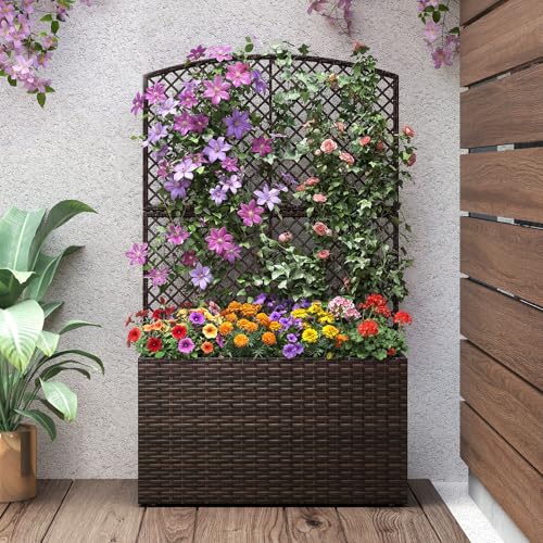 HAPPYGRILL PE Rattan Raised Garden Bed with Trellis & Privacy Screen - color: Brown
