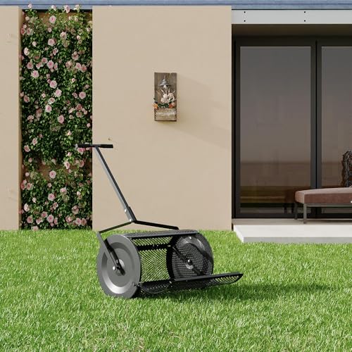 24 Inch Compost Spreader, Peat Moss Spreader with Adjustable Handle, Roller Lawn Spreader with Sliding Door & Easy Assembly for Peat Moss, Manure, Topsoil