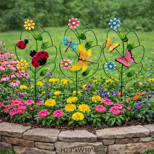 3 Pack Metal Garden Stakes, Butterfly Dragonfly Ladybug Outdoor Decor