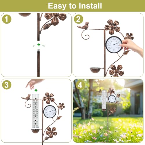 Rain Gauge Outdoor with Thermometer Garden Decorative, Bird Rain Gauges