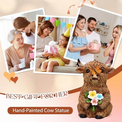 Solar Highland Cow Outdoor Statue, Garden Sculpture with Lighted Butterfly