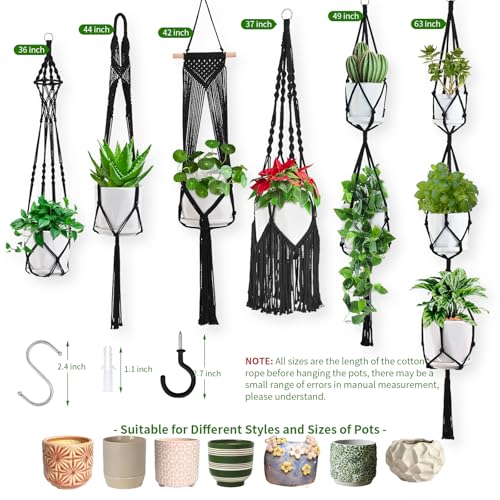 Macrame Plant Hangers, 6Pack Hanging Plant Holders Indoor, Black - color: Black