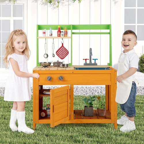 Costzon Mud Kitchen for Kids Outdoor, Wooden Play Kitchen w/Stoves, Removable Sink, Faucet, Oven, Cooking Accessories, Storage Shelves, Montessori Pretend Kitchen Playset for Girls&Boys 3+ Years Old - style: with Storage Shelf