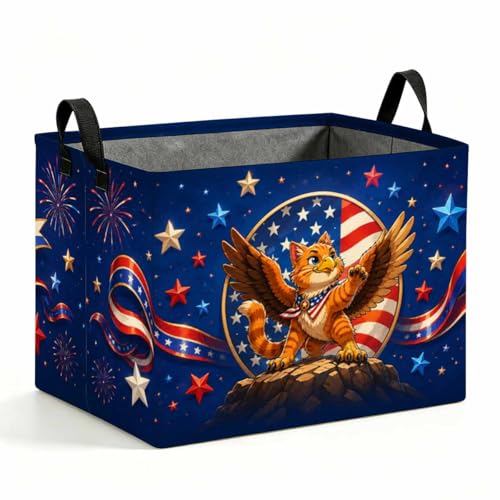 Patriotic Cat Storage Basket with Handles, Eagle Cat Laundry Hamper 56L Large Collapsible Organizer, Laundry Basket for Bathroom/Laundry/Bedroom - color: Patriotic Cat