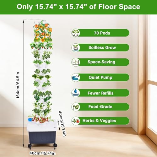 Hydroponic Tower, 14-Layer Hydroponics Growing System Kit with 70 Slots, Vertical Garden System with 20L Water Tank and Pump for Indoor Outdoor Home, Balcony & Patio - size: 70 Pods
