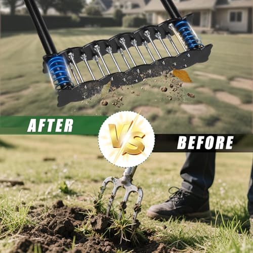 Lawn Aerator Tool,Manual Stainless Steel Spike Aerator Lawn Tool with Spring Base, Automatic Dirt and Leaf Clean Design, Adjustable T-Handle, Soil Loosening, Yard Aerating, Garden Tool Black