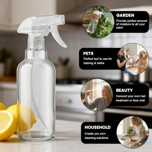 16.9oz Clear Glass Spray Bottles 2 Pack, Adjustable Mist Stream - color: Clear