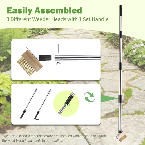 PIMEKOY Crack Weeder Tool Set, 3 Different Weed Remover Tool Head for Paver - size: 60" Long Handle