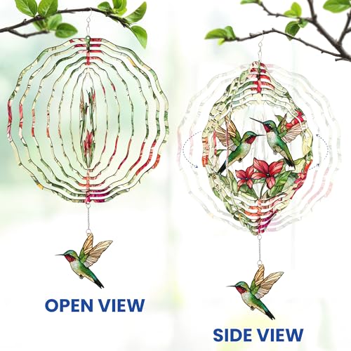 FLAGWIX Hummingbird Wind Spinner, 12 in Stainless Steel Garden Decor - color: Hummingbirds and Flowers