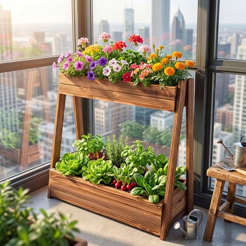 36" 2-Tier Freestanding Elevated Wooden Raised Garden Bed - color: 36" H Garden Bed-carbonized Wood Color