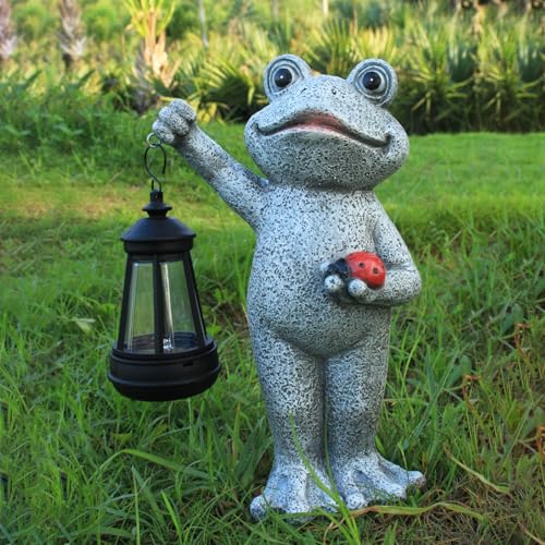 Solar Frog Garden Statue, Resin Figurine with Ladybug & Hanging Solar Lantern Outdoor Decor - style: frog2