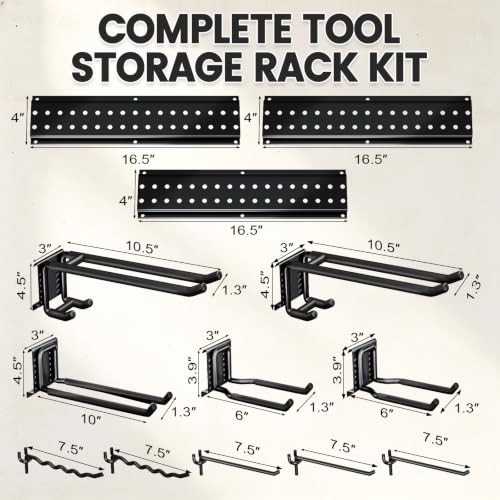 Garage Tool Organizer Wall Mount, 49.5 Inch Heavy Duty Garage Organization System with 10 Adjustable Hooks, Garden Tool Storage Rack for Garage, Yard & Shed, Holds Up to 400 lbs - size: 49.5" | 3 Panels + 10 Hooks