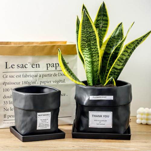 Nihow 6 Inch Ceramic Plant Pot with Drainage & Square Saucer,Black - color: Black, size: 6 Inch