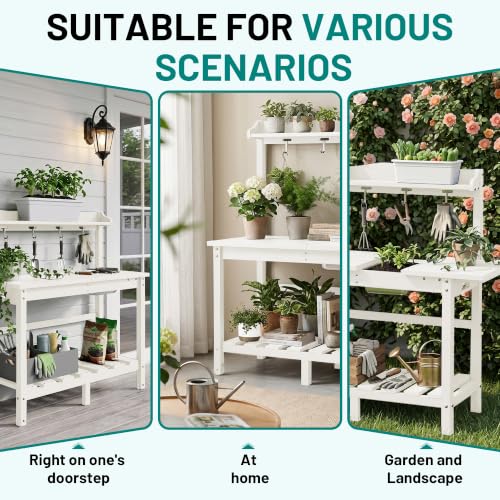 PLUUV Potting Bench with Removeable Sink, Garden Potting Table, White - color: White