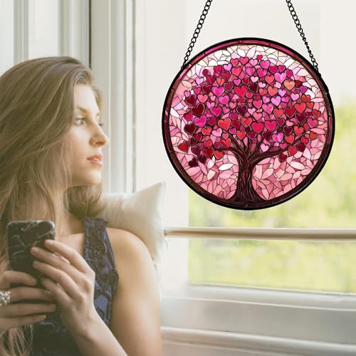 Pink Love Tree Stained Glass Window Hanging Suncatcher Gift for Women 6.3" - color: Green, size: 6.3x6.3 IN