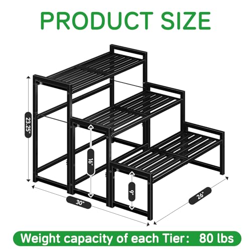 Ekisemio 3-Tier Metal Plant Stand, Heavy Duty Waterproof Indoor Outdoor Stackable Shelf, Tall Flower Pot Holder & Display Rack for Garden, Black