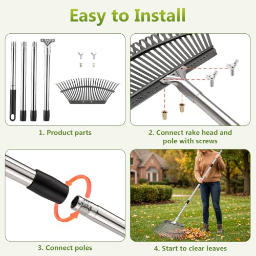 Adjustable Leaf Rake, Lightweight 18" Wide Garden Rake, 62" Long Handle
