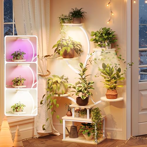 PRAISUN 51 Inch Plant Stand with Grow Lights, 8 Tiered Indoor Plant Shelf - color: White