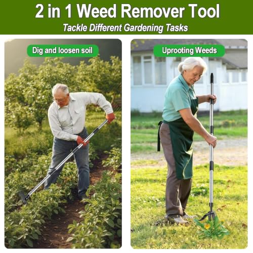 Stand Up Weed Puller Tool 2 in 1 Heavy Duty Manual Weeder & Garden Hoe, 4-Claw Steel Head Weed Remover with Gloves for Yard Lawn Patio Flower Bed