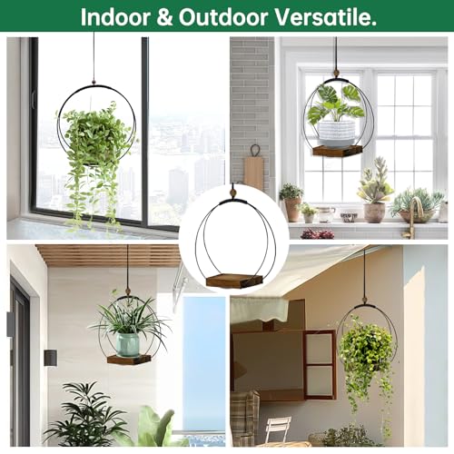 Hanging Planter for Indoor Plants, Black Plant Hanger Indoor with Sturdy Wood Base, Modern Boho Macrame Plant Hanger for 3-5.5 Inch Pot, Hanging Wall Ceiling Window Home Decor (Pots Not Included)