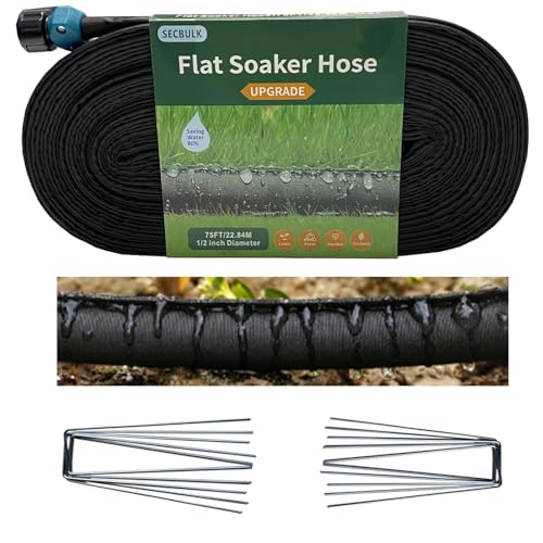 Secbulk 2026 Flat Soaker Hose 75 ft with Stakes for Garden, 75ft Linkable Drip Hose Diy Garden Irrigation System Saving 80% Water, Dual-layer Leak-free Design Water Hose with Holes - size: 75ft