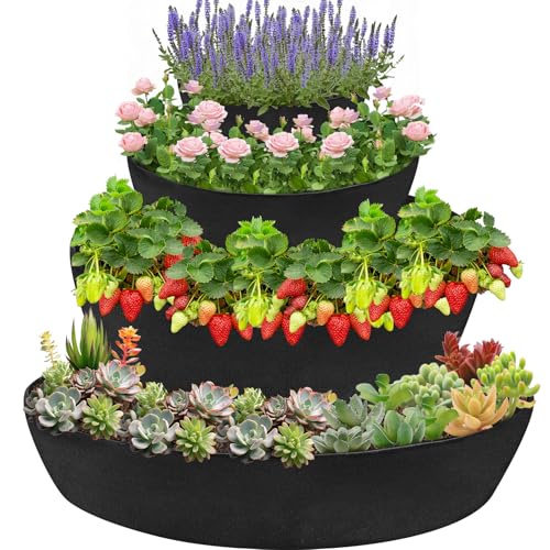 Wenfan 4 Tiered Strawberry Planter Fabric Raised Garden Planting Bed Stackable Strawberry Planter Bag Felt Planting Container for Growing Vegetables Herb Plant, 8 Inch Deep, Round