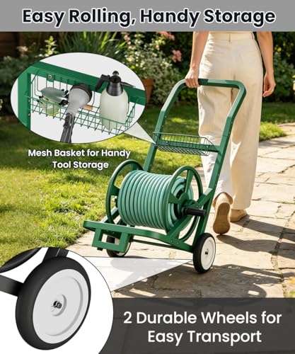 Artigarden Garden Hose Reel Cart with Wheels, Holds 125 ft 5/8" Hose, Green