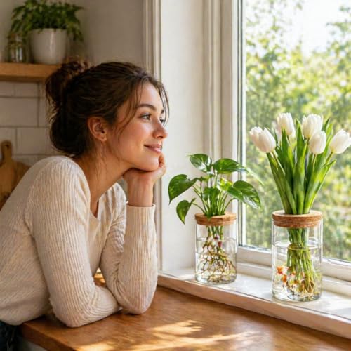 HOMSFOU Plant Propagation Stations, Glass Hydroponic Vase with Cork Lid