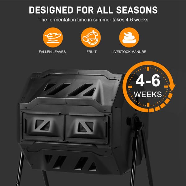 42-Gal Dual Chamber Compost Tumbler Outdoor, 360° Rotating Compost Bin with Steel Frame, Aeration System & 2 Sliding Doors for Kitchen, Garden, Yard - Black
