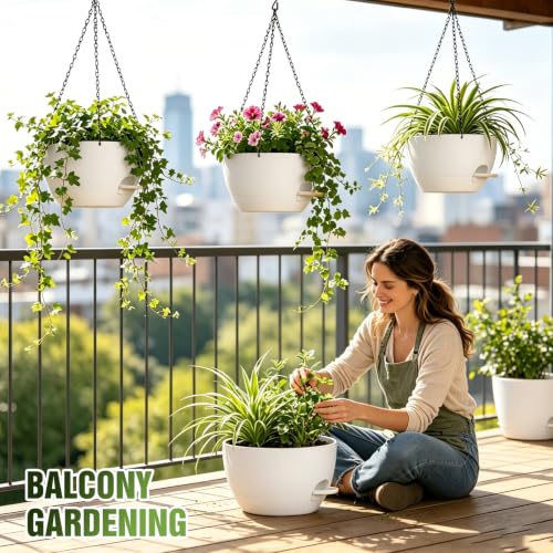 12 Inch Large Self Watering Hanging Planters 2 Pack with Saucers - color: White, size: 12 Inch 2 Pack