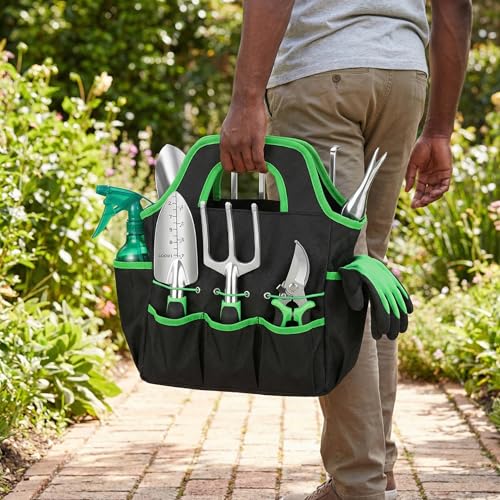 10-Piece Heavy Duty Garden Tool Set with Storage Tote Bag - color: Black Green