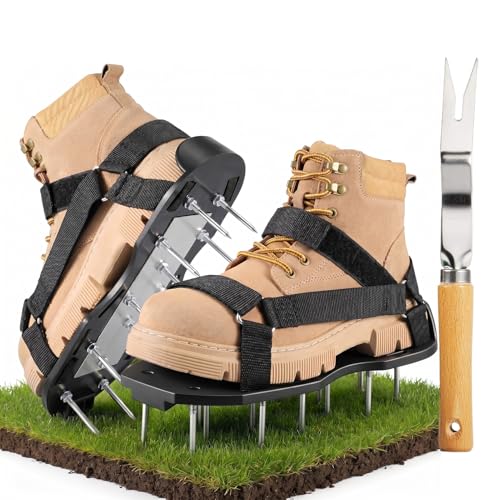 Lawn Aerator Shoes Pre-Assembled - 26 Heavy Duty Steel Spikes (2.4"), Stainless Steel Base Plate, Adjustable Metal Buckle Straps - Walk Behind Grass Aerator Sandals for Yard Lawn Care - color: Black-1