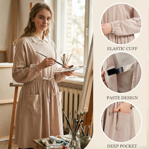 Nanxson Cotton Linen Apron Women's Long Sleeve Apron for Cooking,Gardening - color: A-beige