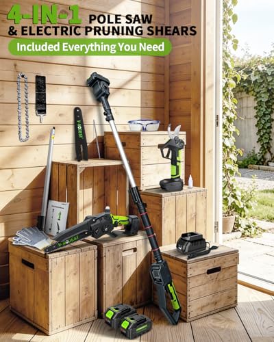 4-in-1 Cordless Pole Saw&Electric Pruning Shear, 8" 15Ft Reach, 2 Batteries - color: Green