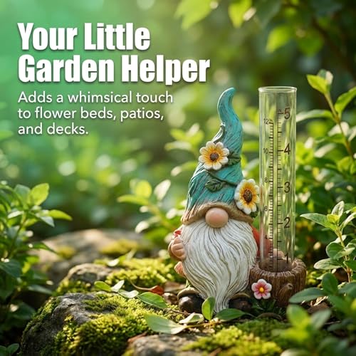 The Bridge Collection Cute Garden Gnome Rain Gauge with Flowers (Green) - color: Green