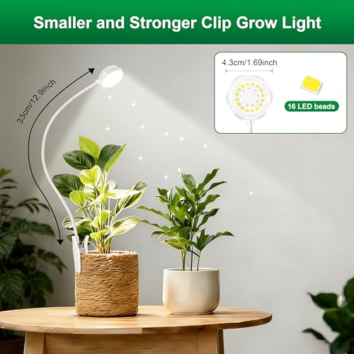 Hywyimlait Indoor Pot Clip Plant Grow Light, Full Spectrum LED Growing Lamp, 4 Grade Dimmable, Timing Function 6/12/16H, Easy Installation for Small Plants, Succulents, White, 3 Pack - size: 3 Pack