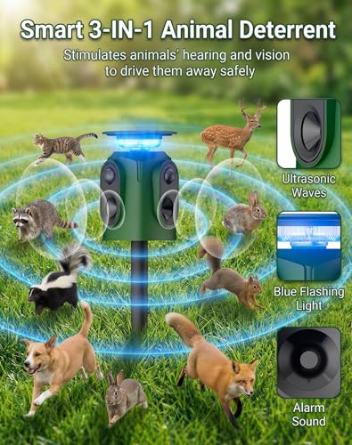 2 Pack 360° Solar Ultrasonic Animal Repeller Outdoor, Deer Repellent Devices with Motion Sensor & Flashing Lights, Waterproof Cat Repellent Outdoor for Yard, Repel Raccoon, Coyote, Skunk & More