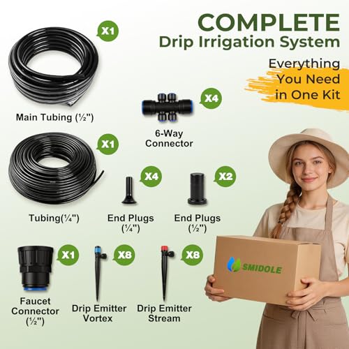 100FT Drip Irrigation System Kit, Quick Connect Garden Watering System, Easy Install Drip Irrigation Kit with 1/2" & 1/4" Tubing, Adjustable Emitters for Garden, Raised Beds, Greenhouse - size: 100FT