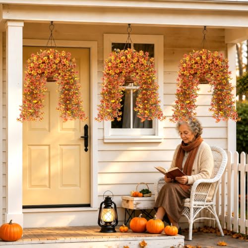 8Pcs Artificial Hanging Flowers for Outdoors Fake Mums Decor, Yellow Orange