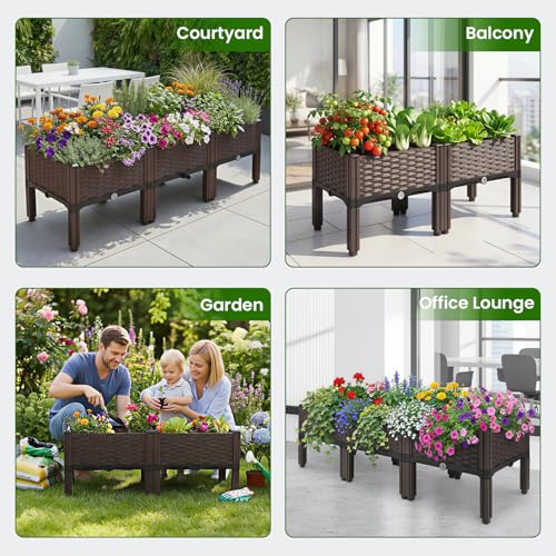 4Pcs Plastic Raised Garden Bed,62.4"×15.6"×14.4" Elevated Wicker Planter Box with Self-Watering System, Plants Garden Boxes with Legs for Growing Fresh Vegetables,Fruit,Flowers and Herbs - size: 4 Boxes-62.4×15.6×14.4in