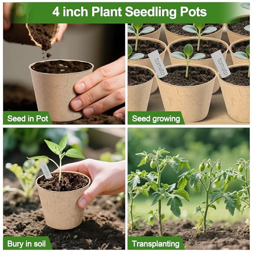 Peat Pots, 60 Pack Plant Starter Round Nursery Pot with Drainage Holes, Garden Germination Seedling Pots with 30 Plant Labels (4 Inch) - size: 4 Inch