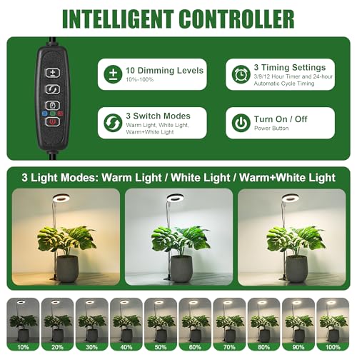 Small Halo Grow Light with Base, 48 LED Full Spectrum Indoor Plant Grow Light, Height Adjustable, 3 Spectral Modes, 10 Brightness Levels, Automatic Timer 3/9/12 Hours, Black - color: Black, size: 1 Pack Warm+White with Telescopic Pole and Base