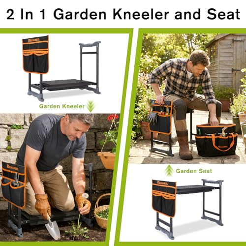 Garden Kneeler and Seat with Umbrella,Heavy Duty Gardening Bench and Stool - color: Black & Orange