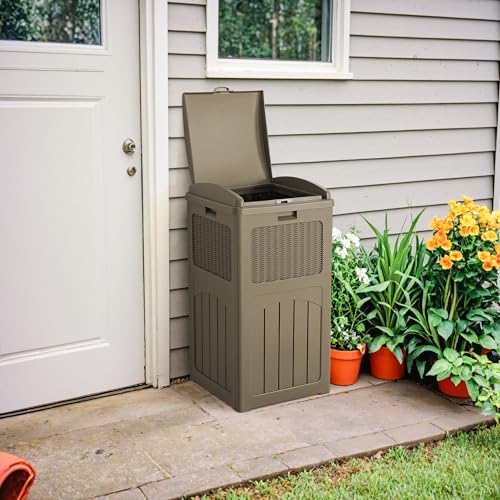 Devoko 33 Gallon Outdoor Trash Can, Hideaway Garbage Bins with Tiered Lid - color: Brown, size: 1 Pack