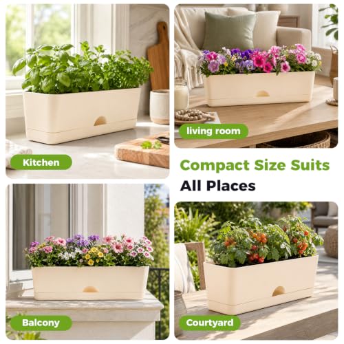 6 Pack Rectangle Planter 16x4.4 Inch Window Boxes Planters Rectangular Large Window Sill Planters Indoor Self Watering Plant Pots with Drainage Holes and Saucers Succulent Herb Flower Pots, Beige - color: Beige