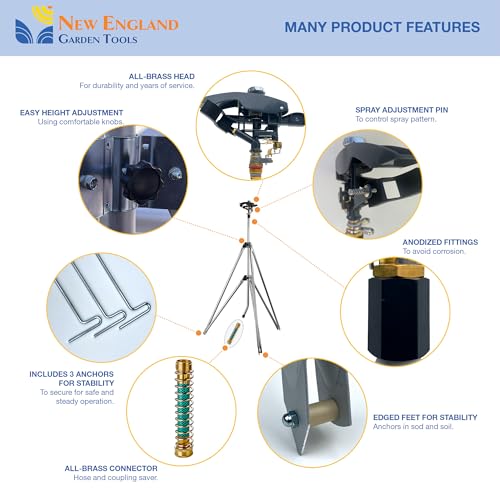Heavy Duty Tripod Sprinkler 300003, Long Range Sprinkler with 100 FT Reach, 6 Feet Adjustable Tripod Height, 360ยฐ Range Control, for Farm, Lawn, Field, Orchard Irrigation by New England Garden Tools