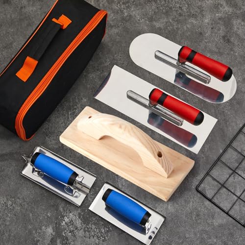 MorningRo 6pcs Concrete Hand Tools Set Masonry Tools Includes Stainless Steel Concrete Hand Edger, Groover, Wood Float, Finishing Trowel, Pool Trowel and Tool Bag for Cement Beginner Kit