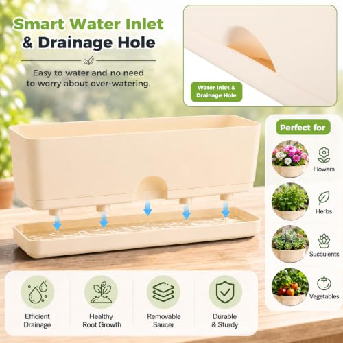 6 Pack Rectangle Planter 16x4.4 Inch Window Boxes Planters Rectangular Large Window Sill Planters Indoor Self Watering Plant Pots with Drainage Holes and Saucers Succulent Herb Flower Pots, Beige - color: Beige